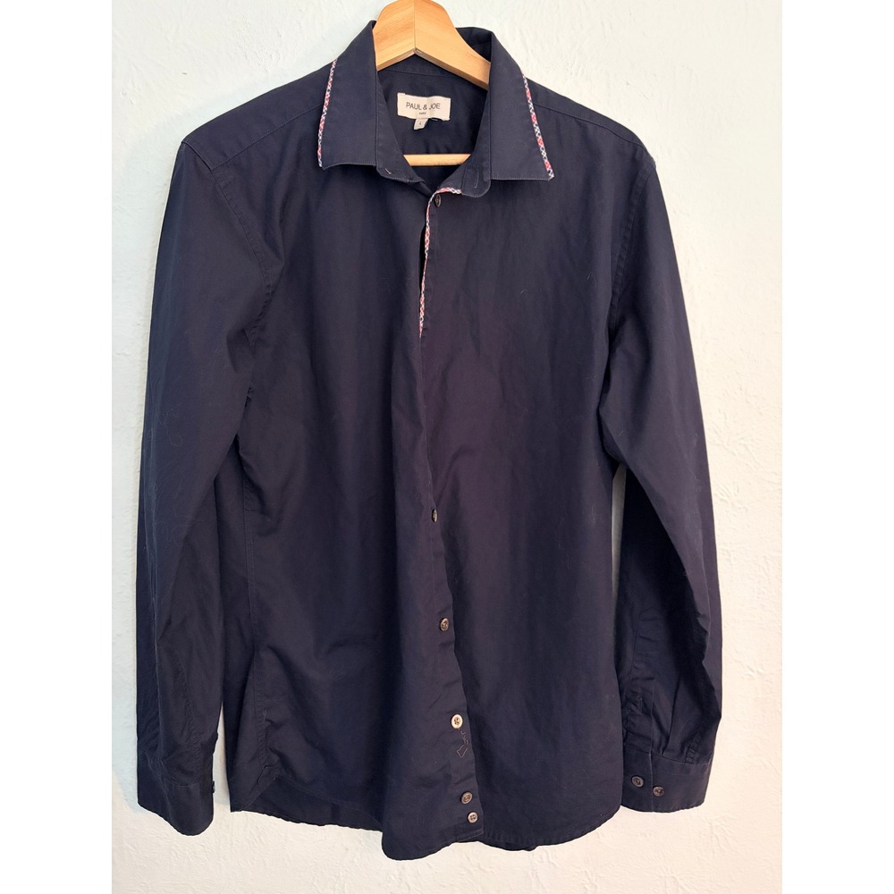 Paul & Joe Button Up Shirt L Navy Blue Plaid Trim Cotton Paris Preppy Business